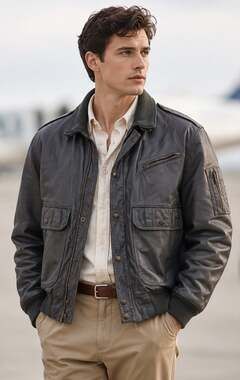 GUY LAROCHE Mens Gray Leather Bomber Moto Jacket Pilot Aviator Academia Luxury M